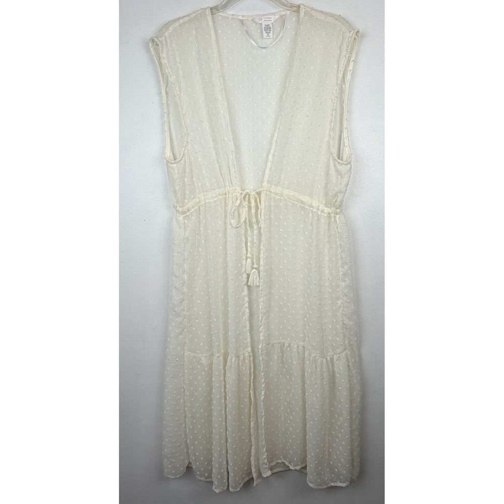 Sheer Duster Kimono Cover Up OS Cardigan Ivory Dot Tiered Tie Boho Layer